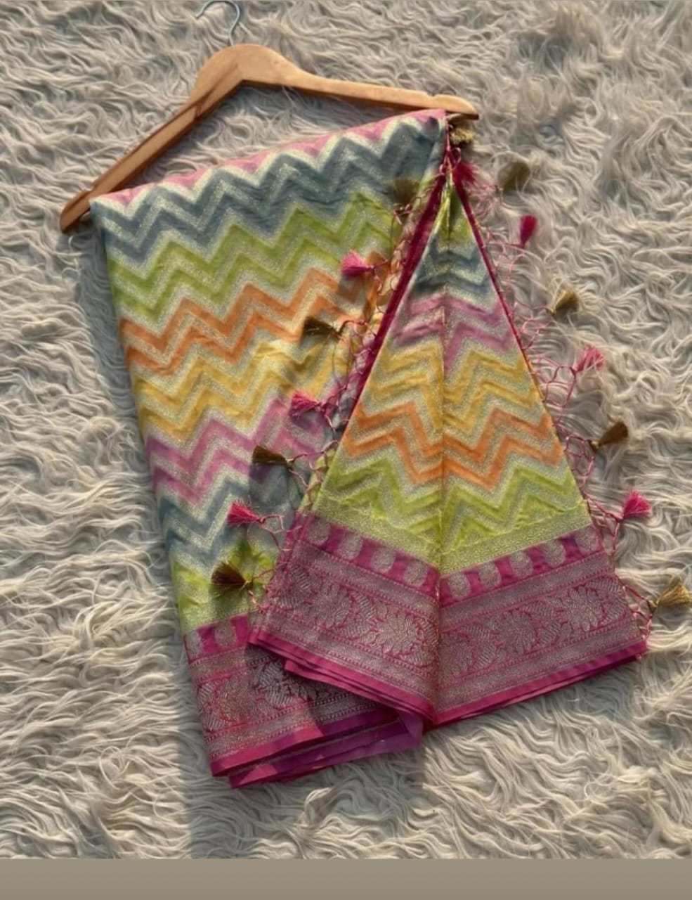 Elegant Multicolor Zig-Zag Banarasi Georgette Saree with Pink Border