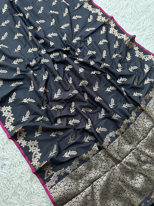 Elegant Black Banarasi Katan Silk Saree with Golden Zari Floral Work