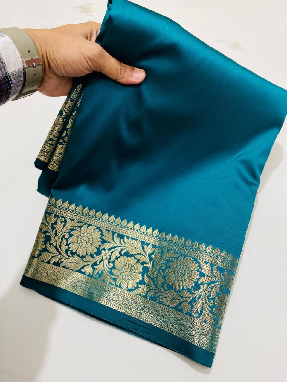 Royal Teal Blue Katan Silk Banarasi Saree with Golden Zari Floral Border