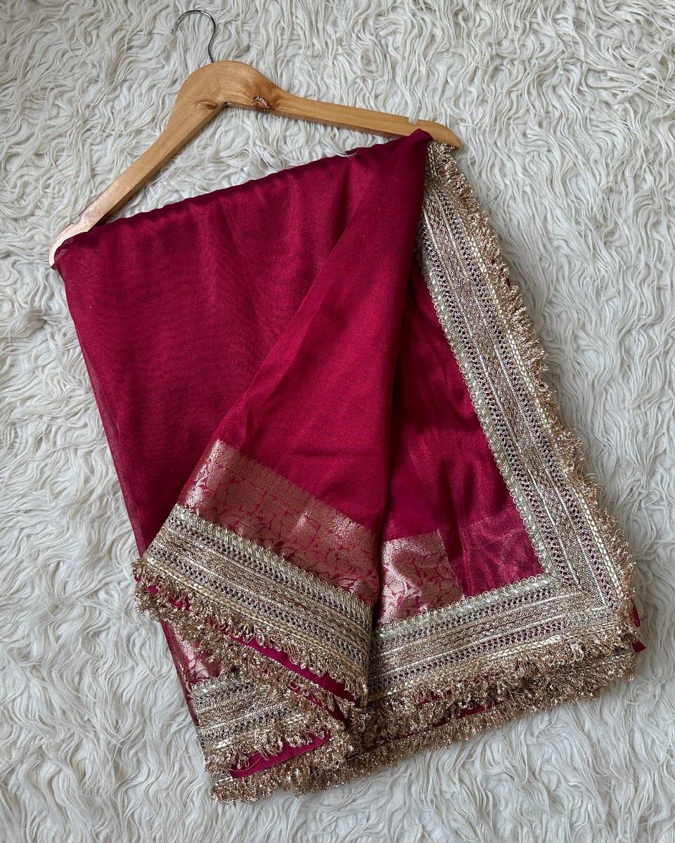 Maharani Pink Tissue Banarasi Saree with Elegant Zari Border