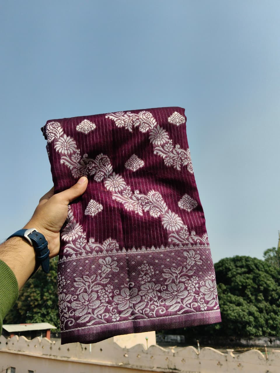 Royal Purple Georgette Saree with Silver Zari Floral Weaving