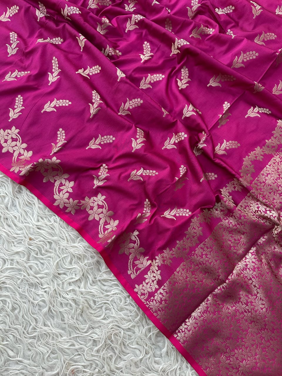 Magenta Banarasi Katan Silk Saree with Golden Zari Floral Weaving