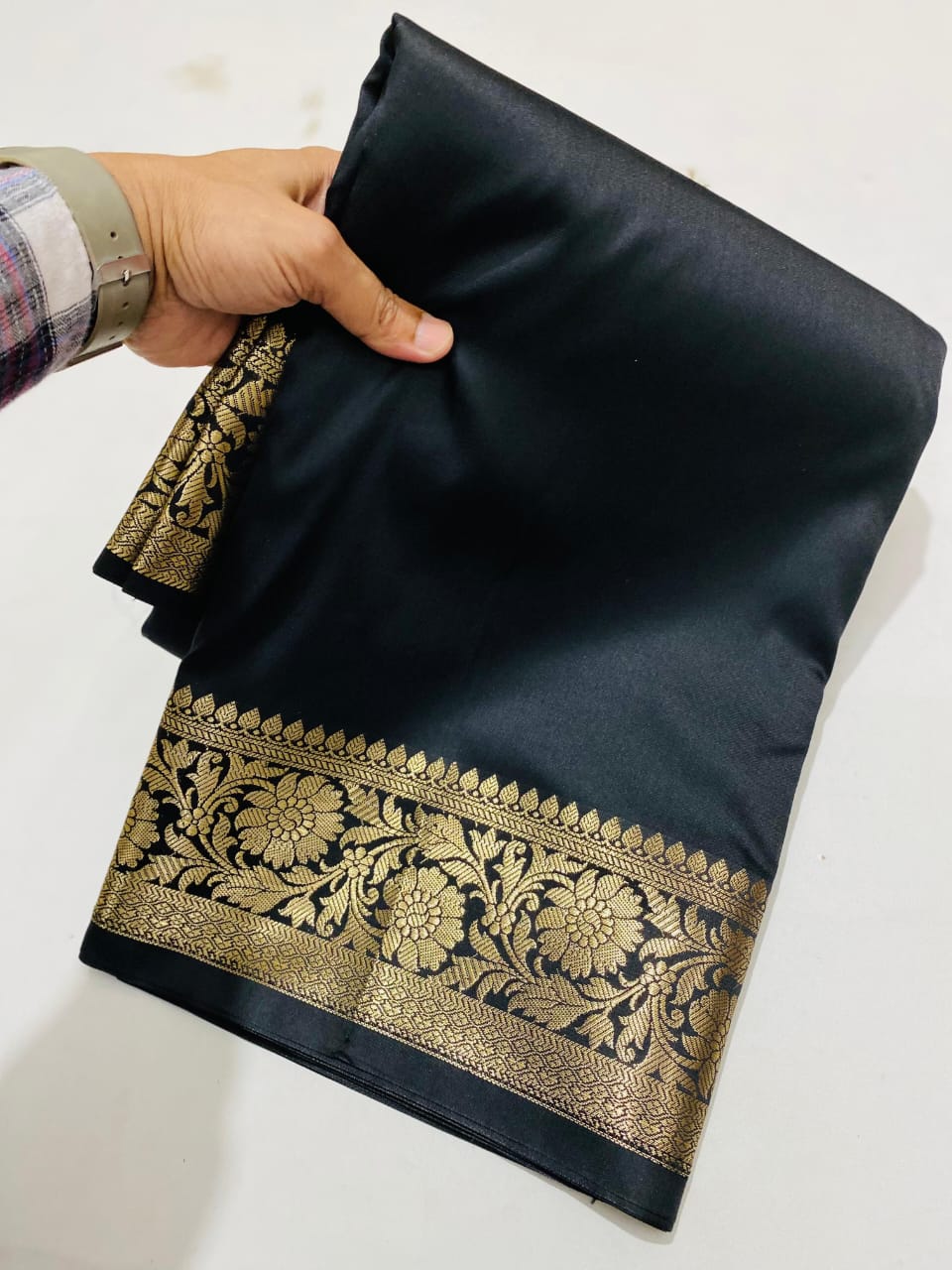 Black Banarasi Katan Silk Saree with Luxurious Golden Zari Weaving