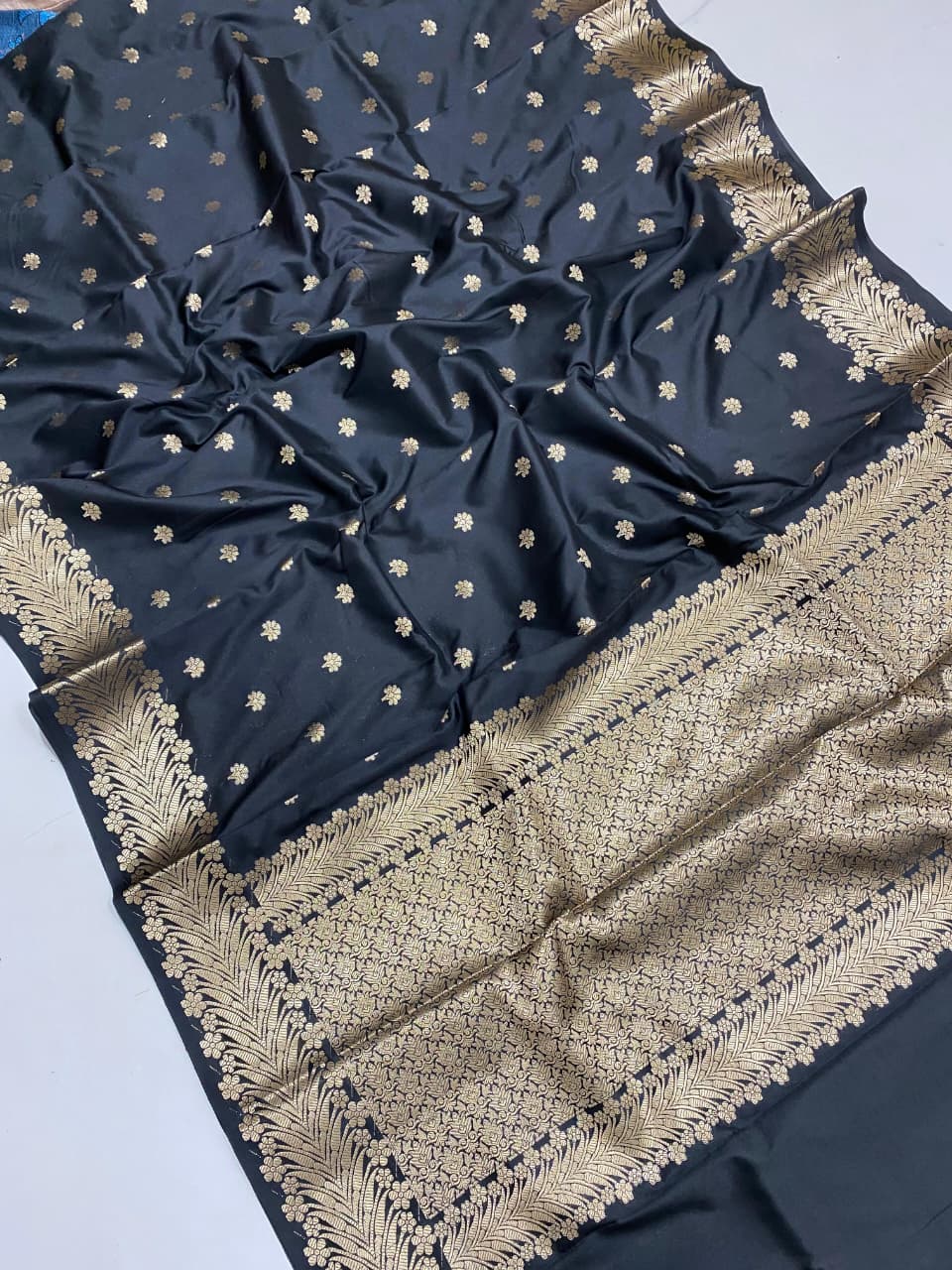 Elegant Black Banarasi Silk Saree with Golden Boota and Zari Border