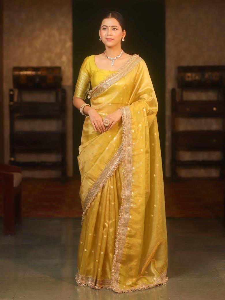 Golden Banarasi Maharani Tissue Silk Saree with Rich Zari Weave & Regal Pallu