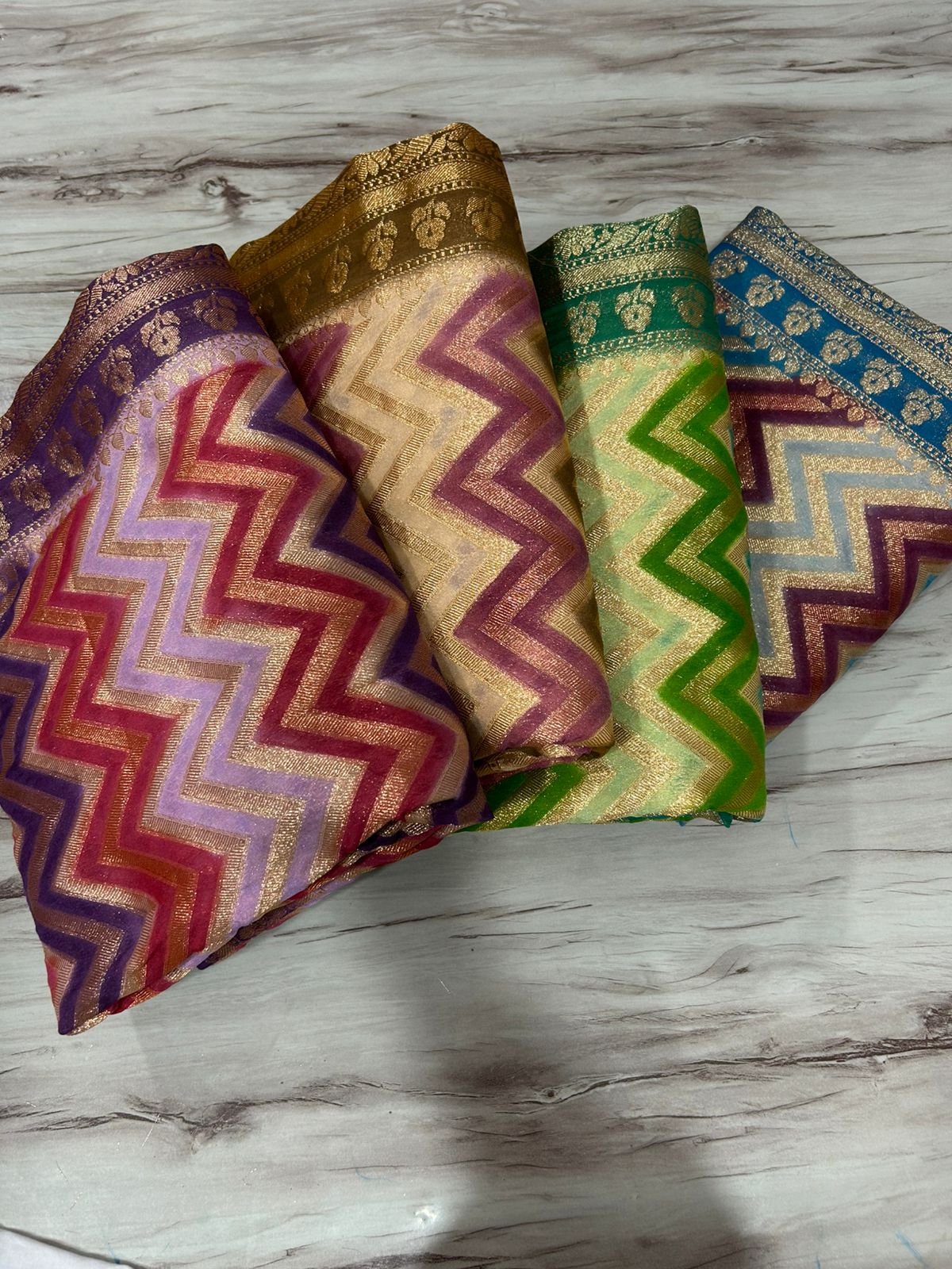 Elegant Multicolor Zig-Zag Banarasi Georgette Saree with Pink Border