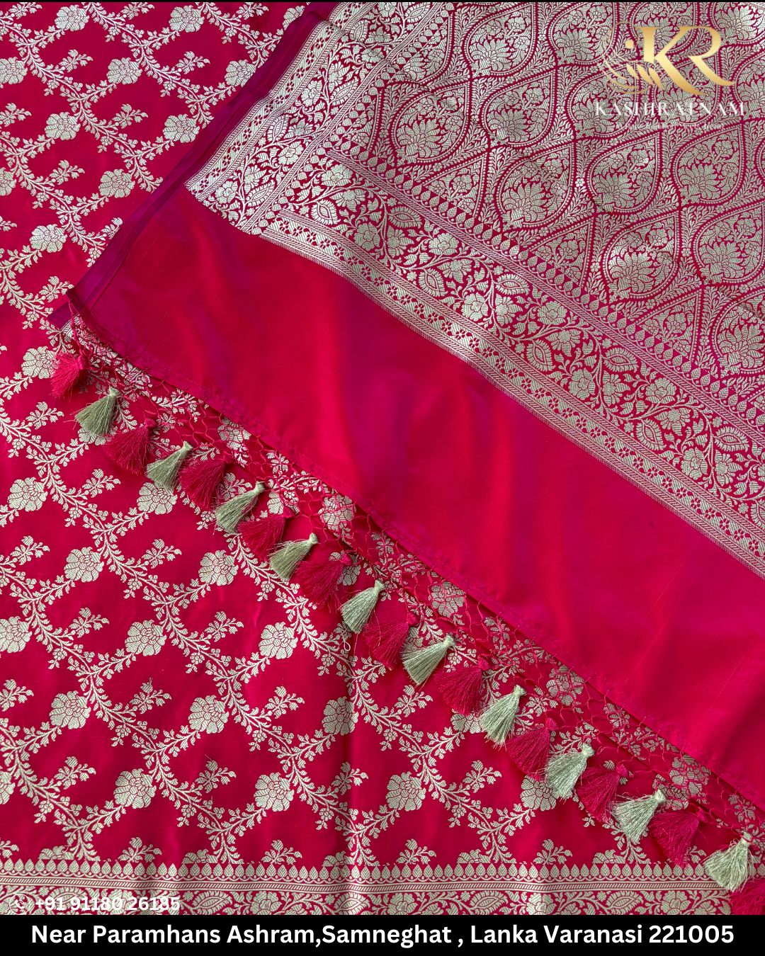 Pink Jaal Mashru Banarasi Silk Saree with Silver Zari Weaving and Tassel Border