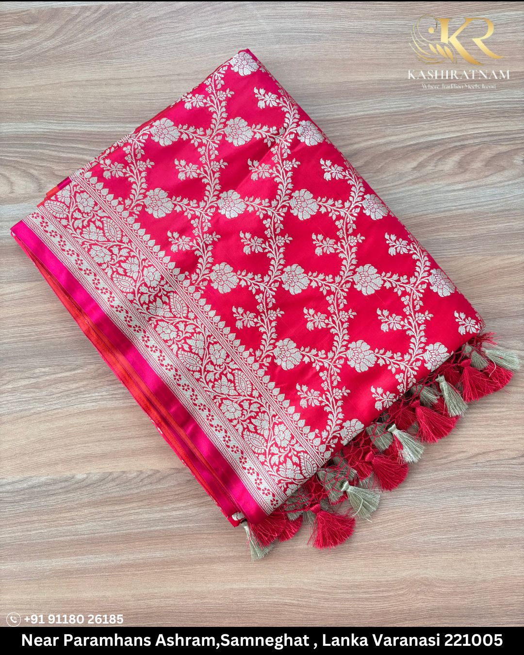 Pink Jaal Mashru Banarasi Silk Saree with Silver Zari Weaving and Tassel Border