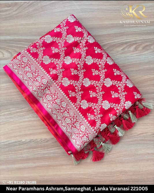 Pink Jaal Mashru Banarasi Silk Saree with Silver Zari Weaving and Tassel Border