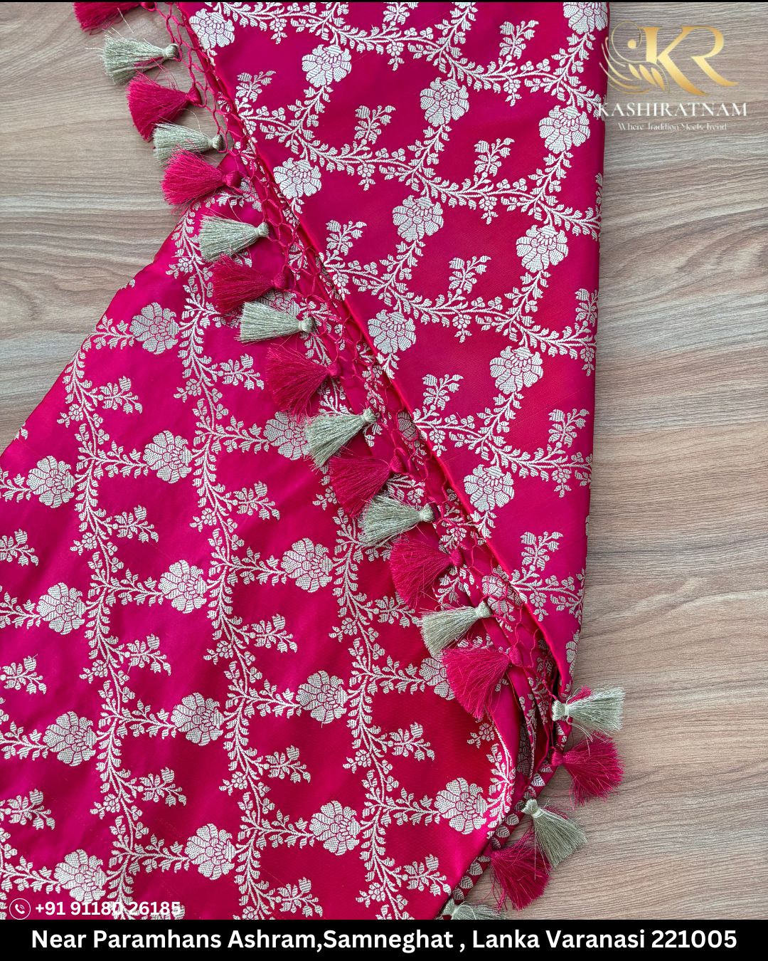 Pink Jaal Mashru Banarasi Silk Saree with Silver Zari Weaving and Tassel Border