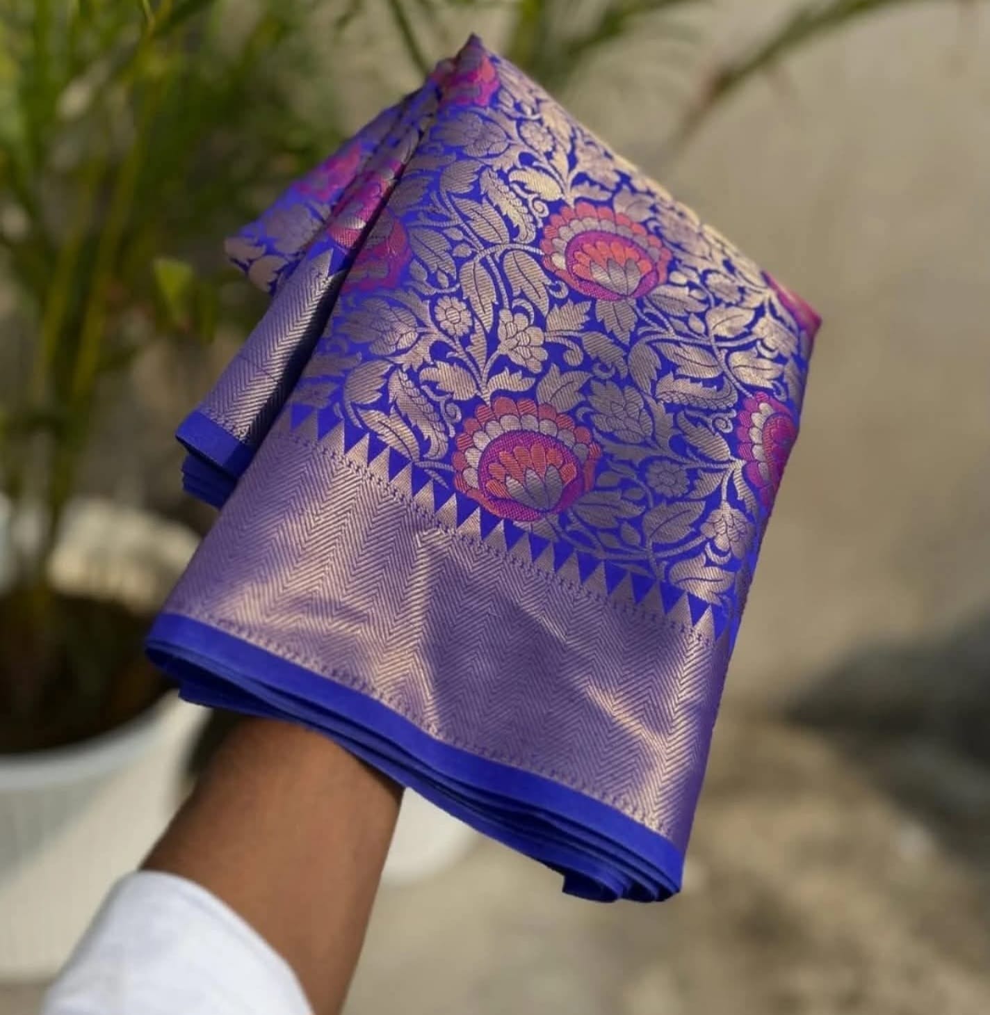 Nita Ambani Inspired Royal Blue Tissue Banarasi Saree with Pink Floral Zari Weave