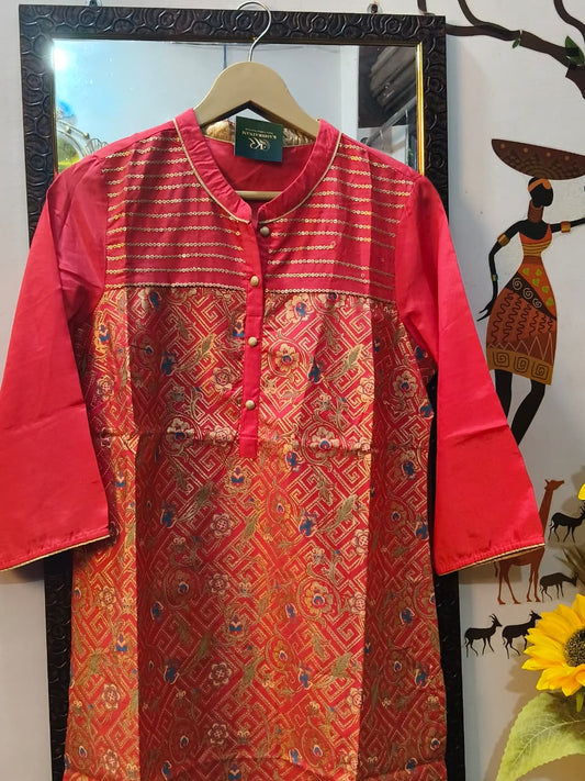 Elegant Red Cotton Kurti with Traditional Weaving Design