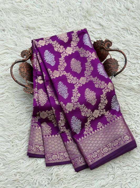 Royal Purple Floral Zari Weave Banarasi Katan Silk Saree