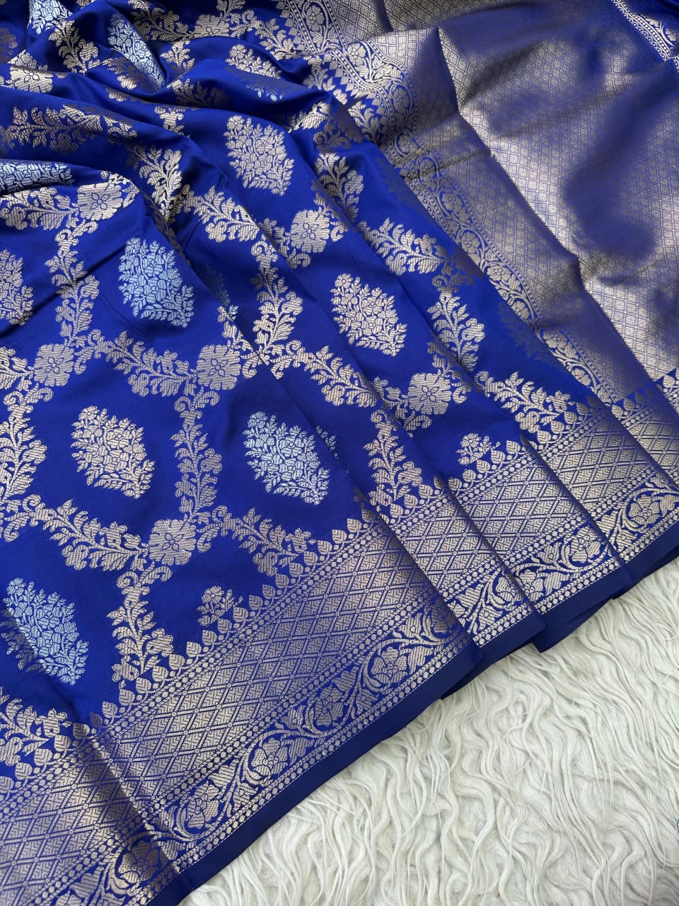 Royal Blue Handwoven Banarasi Katan Silk Saree with Silver Zari Buta
