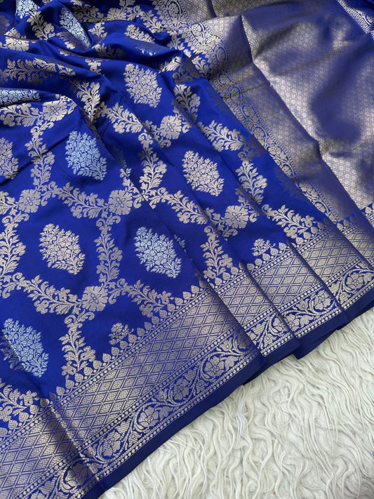 Royal Blue Handwoven Banarasi Katan Silk Saree with Silver Zari Buta