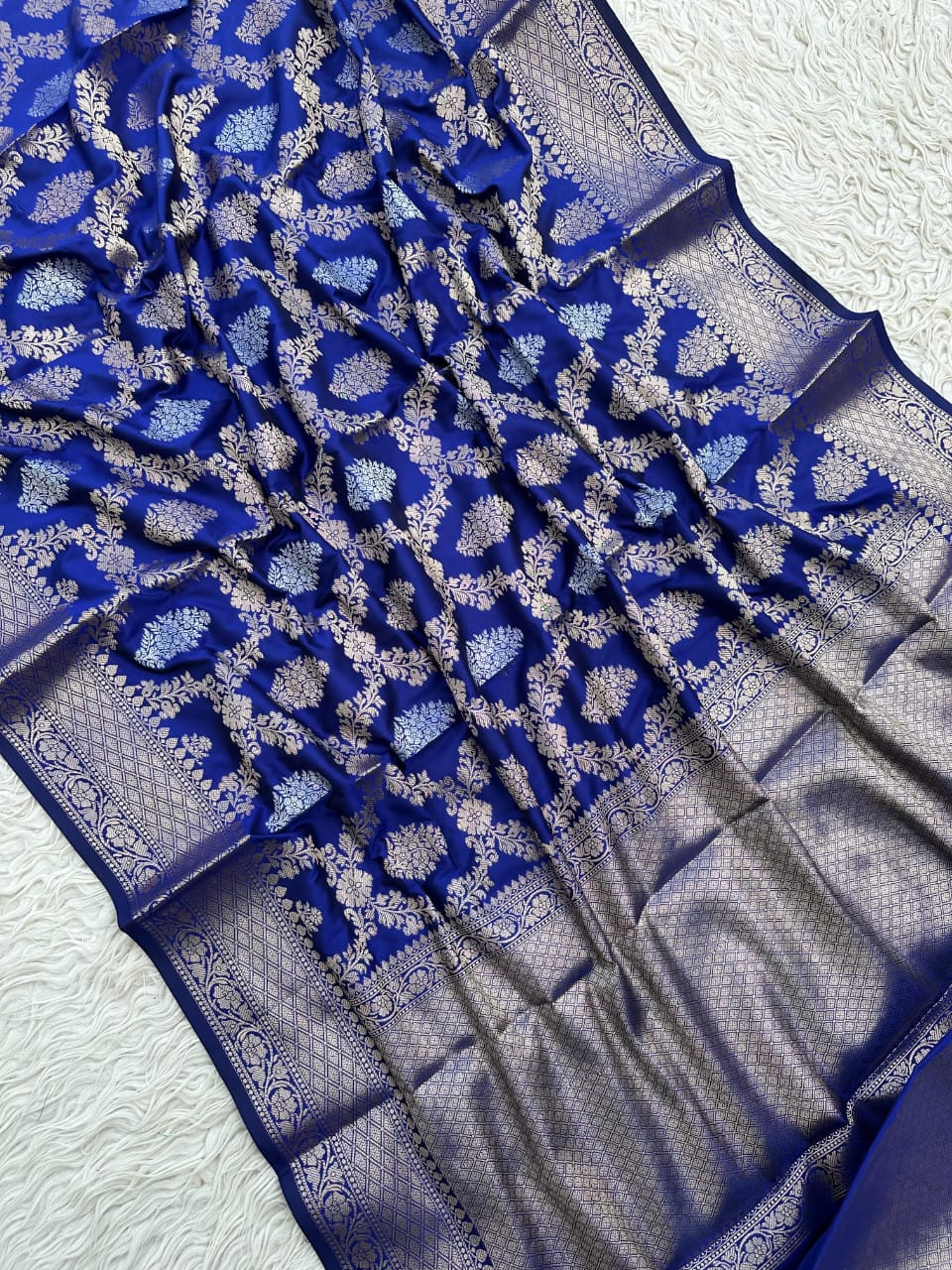 Royal Blue Handwoven Banarasi Katan Silk Saree with Silver Zari Buta