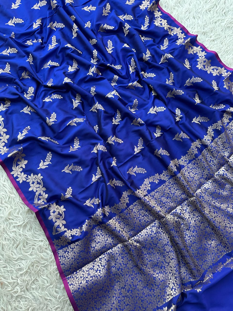 Royal Blue Banarasi Katan Silk Saree with Golden Zari Floral Weaving