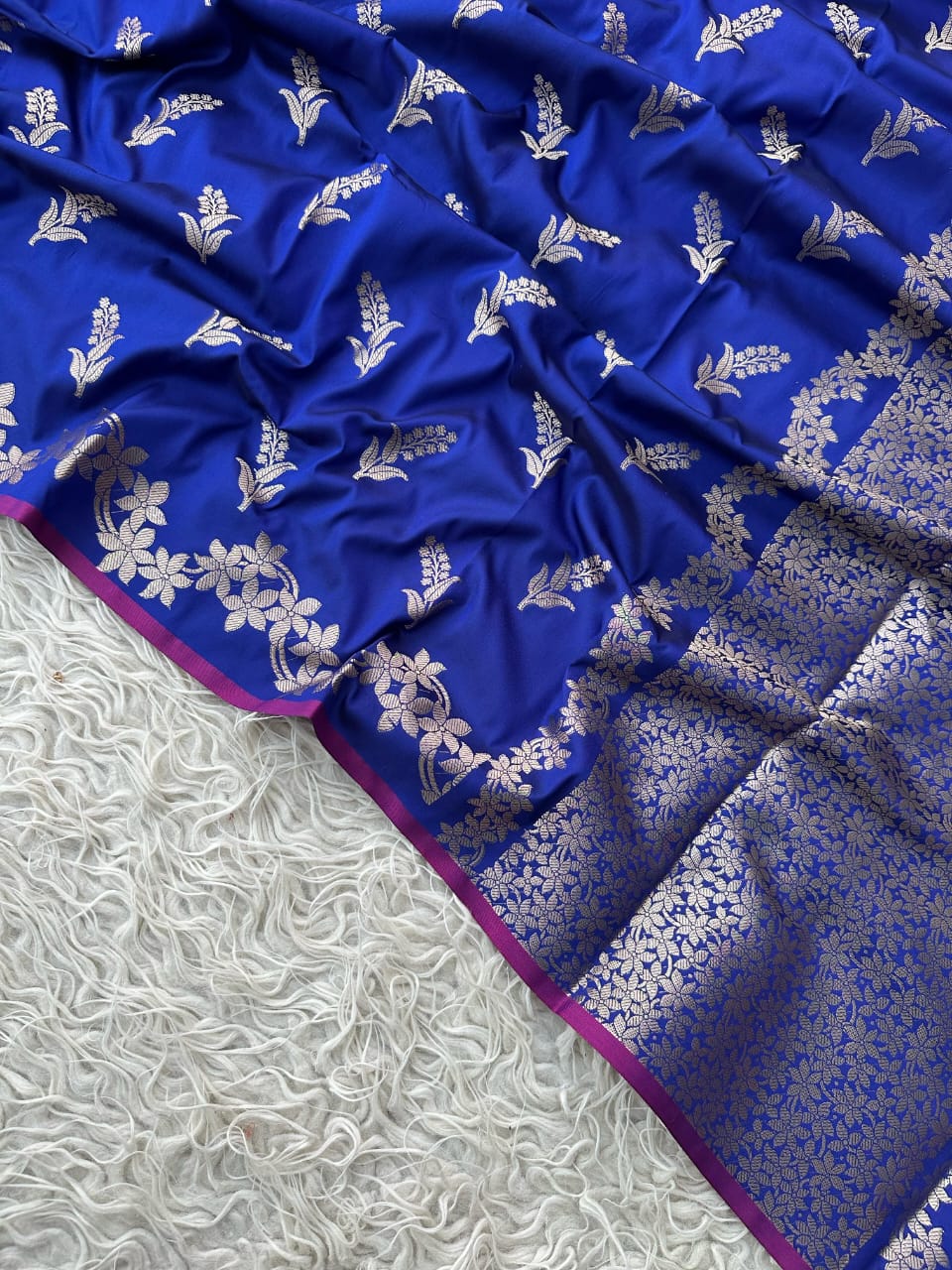 Royal Blue Banarasi Katan Silk Saree with Golden Zari Floral Weaving