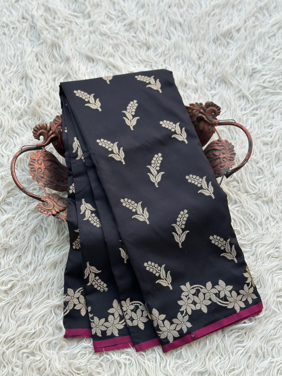 Elegant Black Banarasi Katan Silk Saree with Golden Zari Floral Work