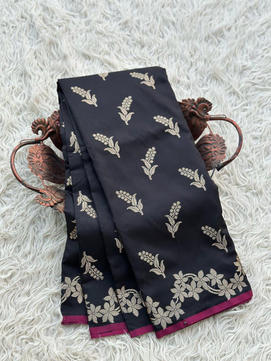 Elegant Black Banarasi Katan Silk Saree with Golden Zari Floral Work