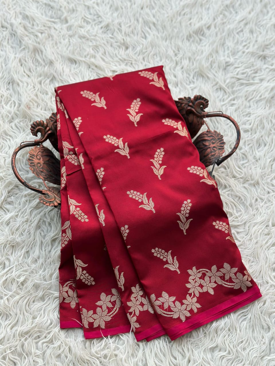 Maroon Banarasi Katan Silk Saree with Golden Zari Floral Weaving
