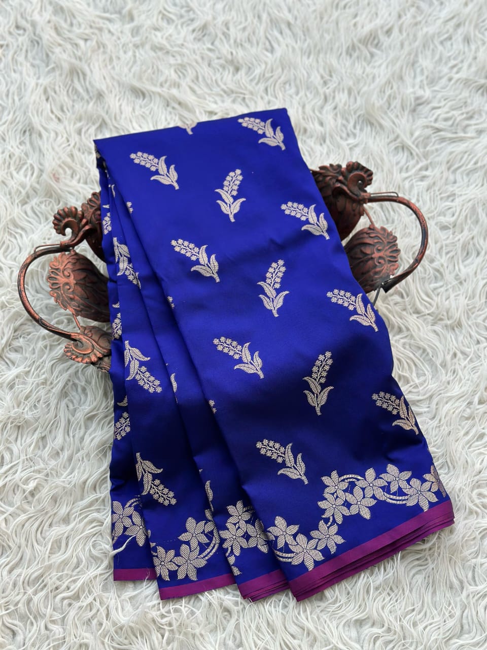 Royal Blue Banarasi Katan Silk Saree with Golden Zari Floral Weaving