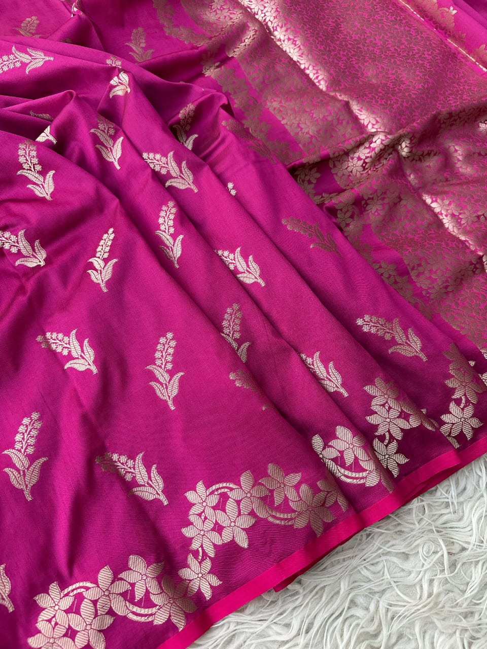 Magenta Banarasi Katan Silk Saree with Golden Zari Floral Weaving