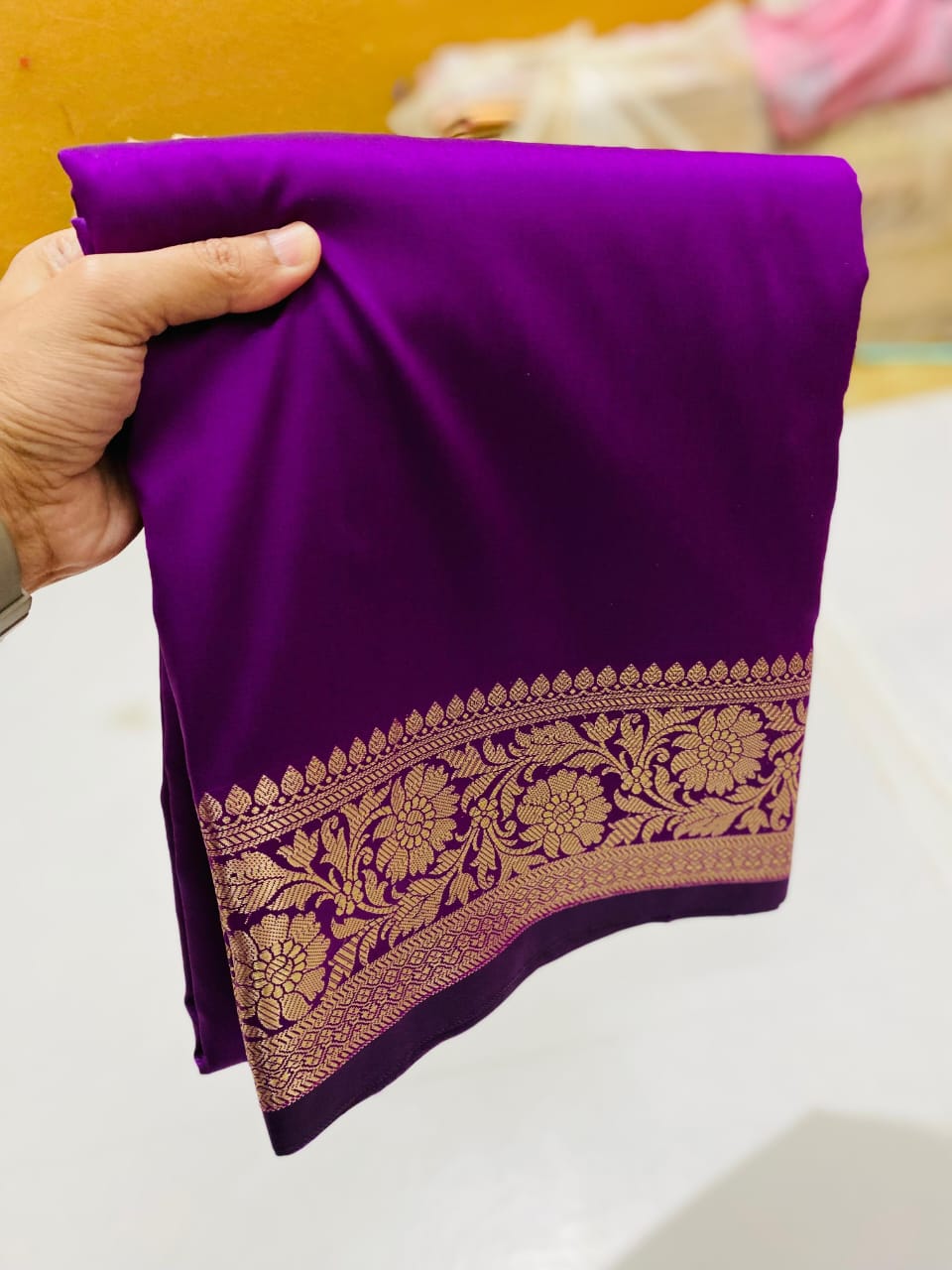urple Banarasi Katan Silk Saree with Exquisite Golden Zari Border