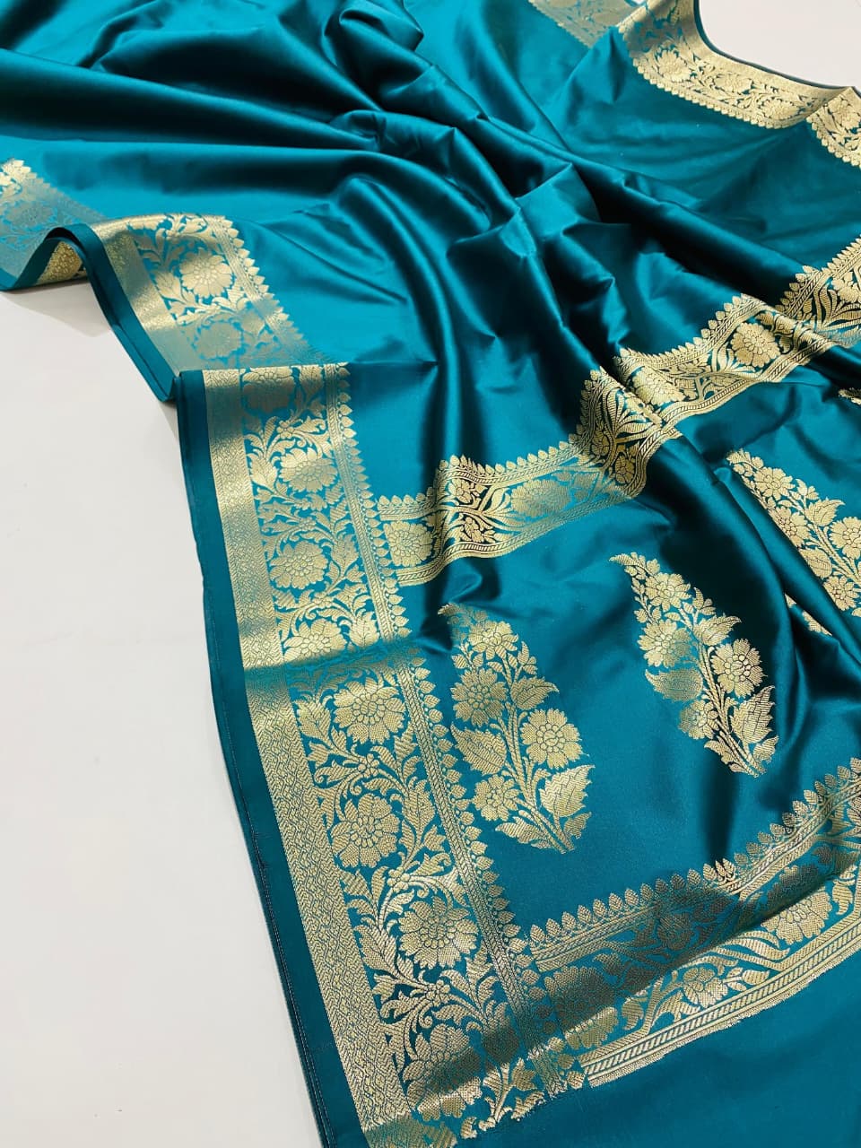 Royal Teal Blue Katan Silk Banarasi Saree with Golden Zari Floral Border