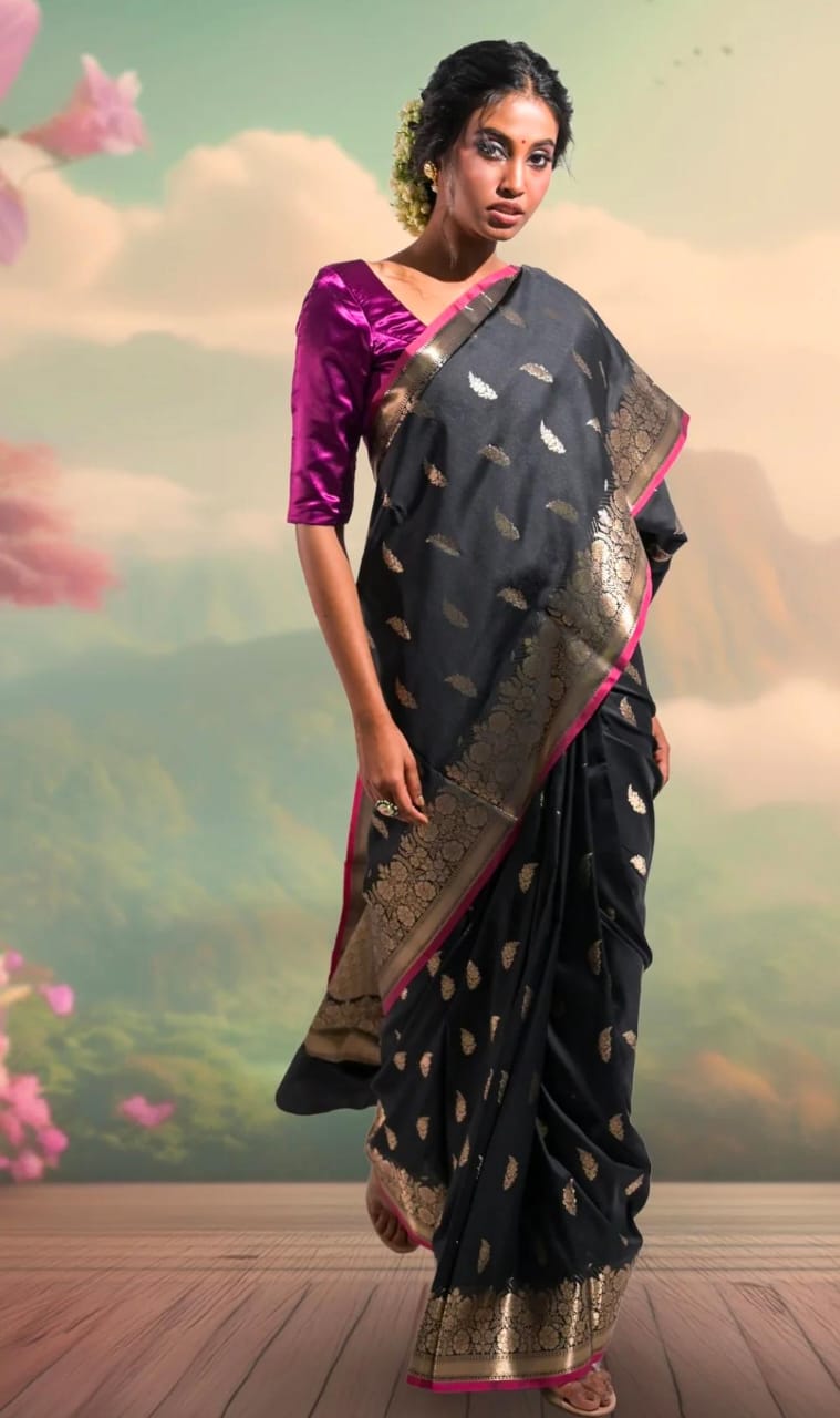 Black Banarasi Katan Silk Saree with Golden Zari and Pink Border