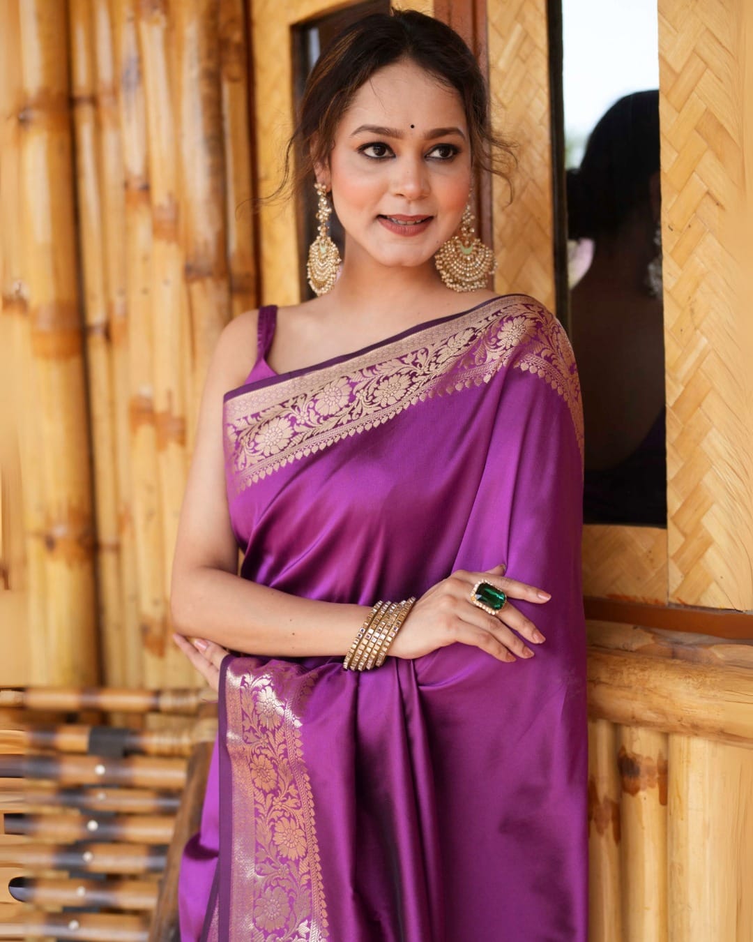 urple Banarasi Katan Silk Saree with Exquisite Golden Zari Border