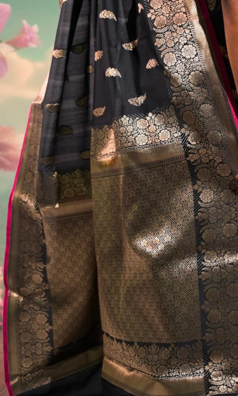 Black Banarasi Katan Silk Saree with Golden Zari and Pink Border