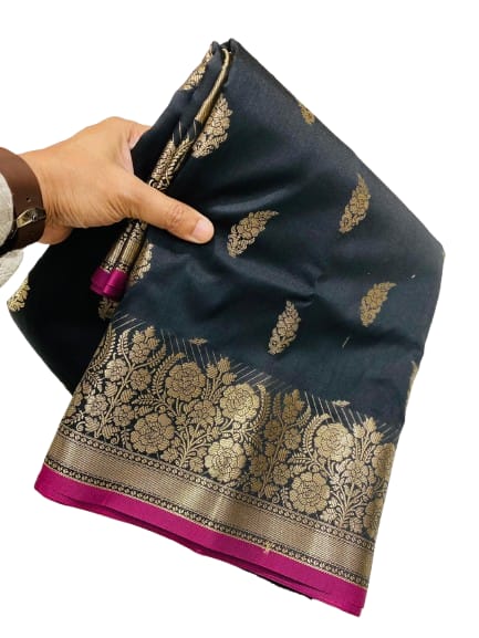 Black Banarasi Katan Silk Saree with Golden Zari and Pink Border