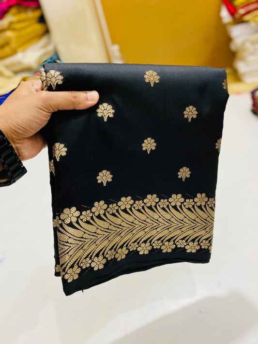 Elegant Black Banarasi Silk Saree with Golden Boota and Zari Border