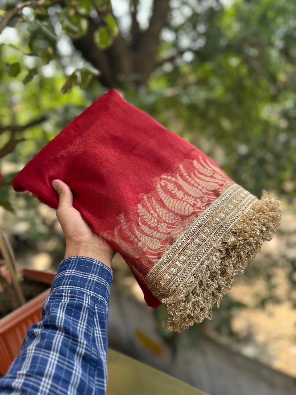 Maharani Red Tissue Banarasi Saree with Golden Zari Weaving