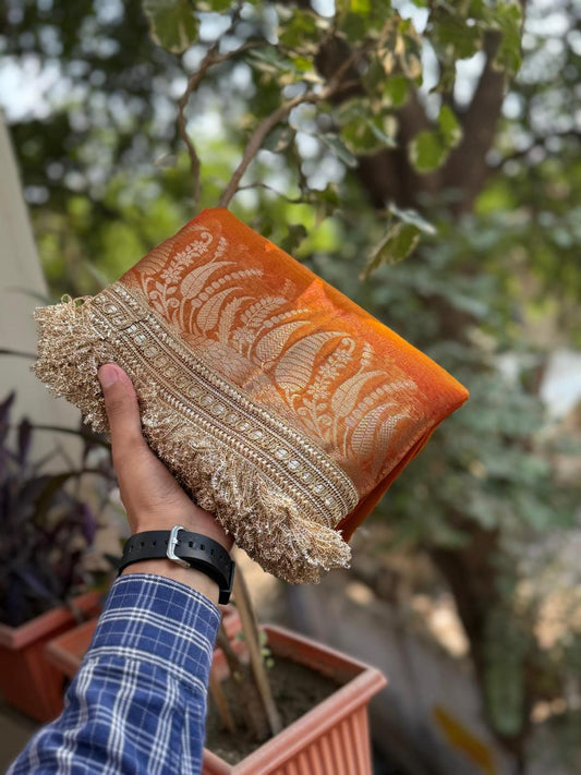 Maharani Orange Tissue Banarasi Saree with Golden Zari Weaving