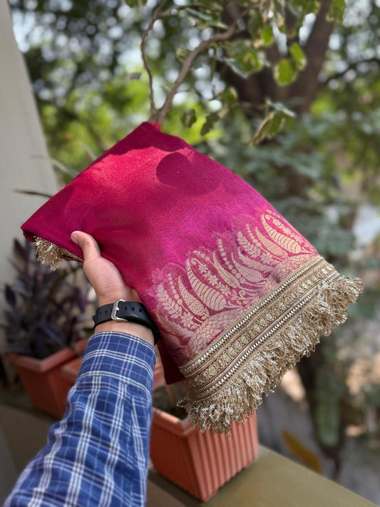 Maharani Pink Tissue Banarasi Saree with Golden Zari Weaving