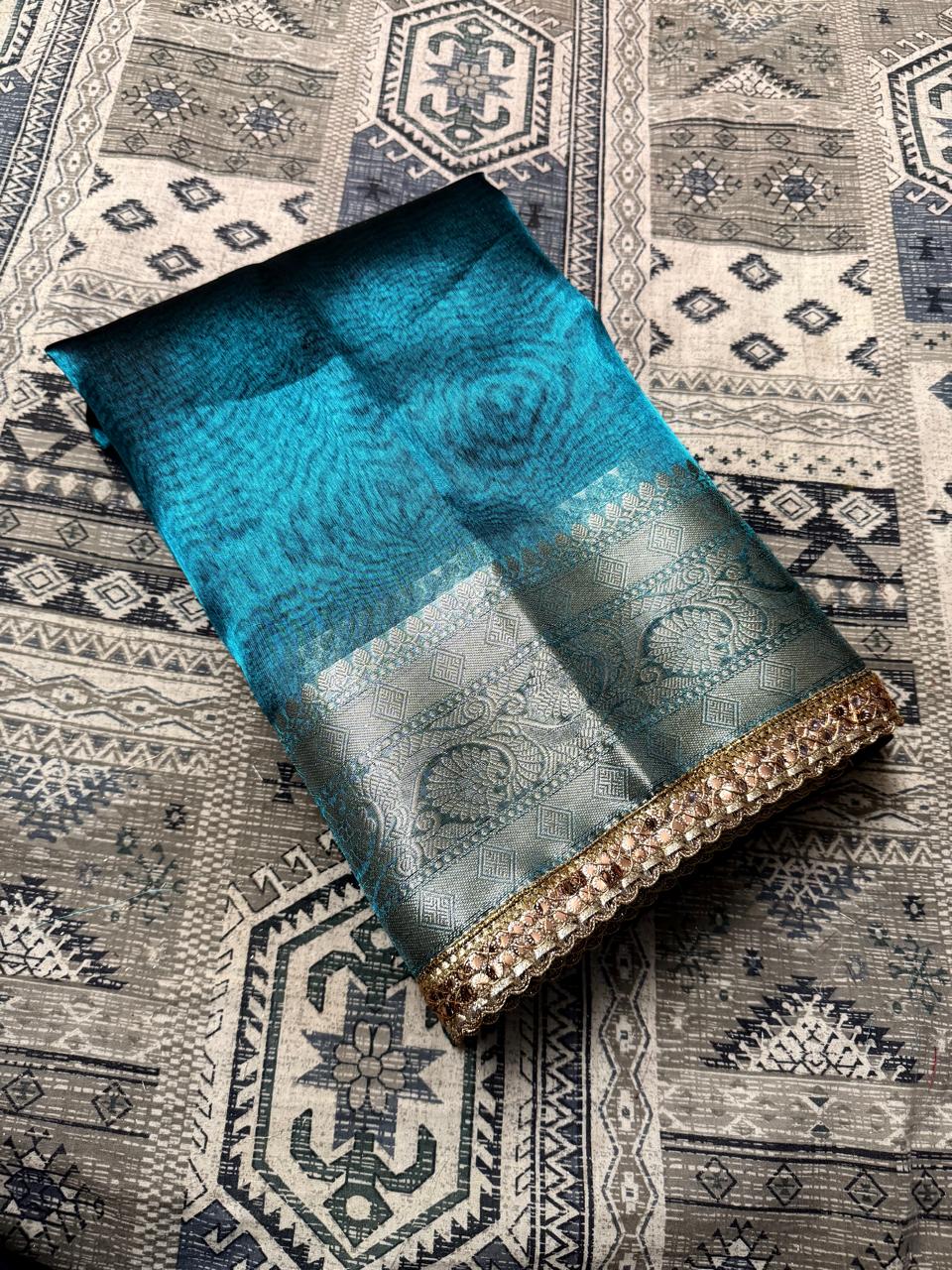 Maharani Blue Tissue Banarasi Saree with Floral Zari Weaving