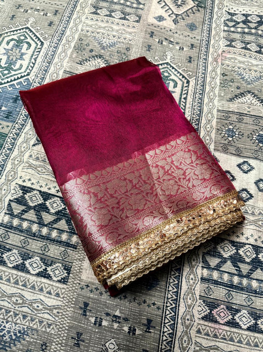 Maharani Pink Tissue Banarasi Saree with Floral Zari Weaving