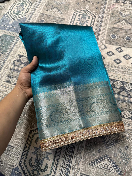 Maharani Blue Tissue Banarasi Saree with Floral Zari Weaving