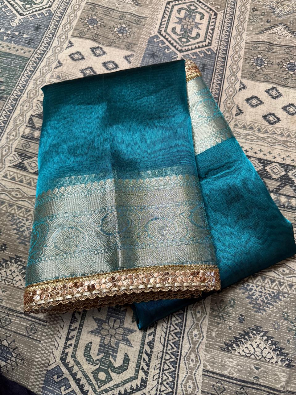Maharani Blue Tissue Banarasi Saree with Floral Zari Weaving