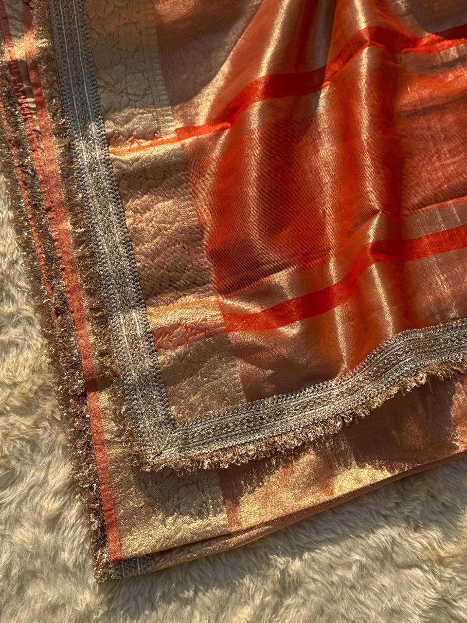 Maharani Orange Tissue Banarasi Saree with Floral Zari Weaving