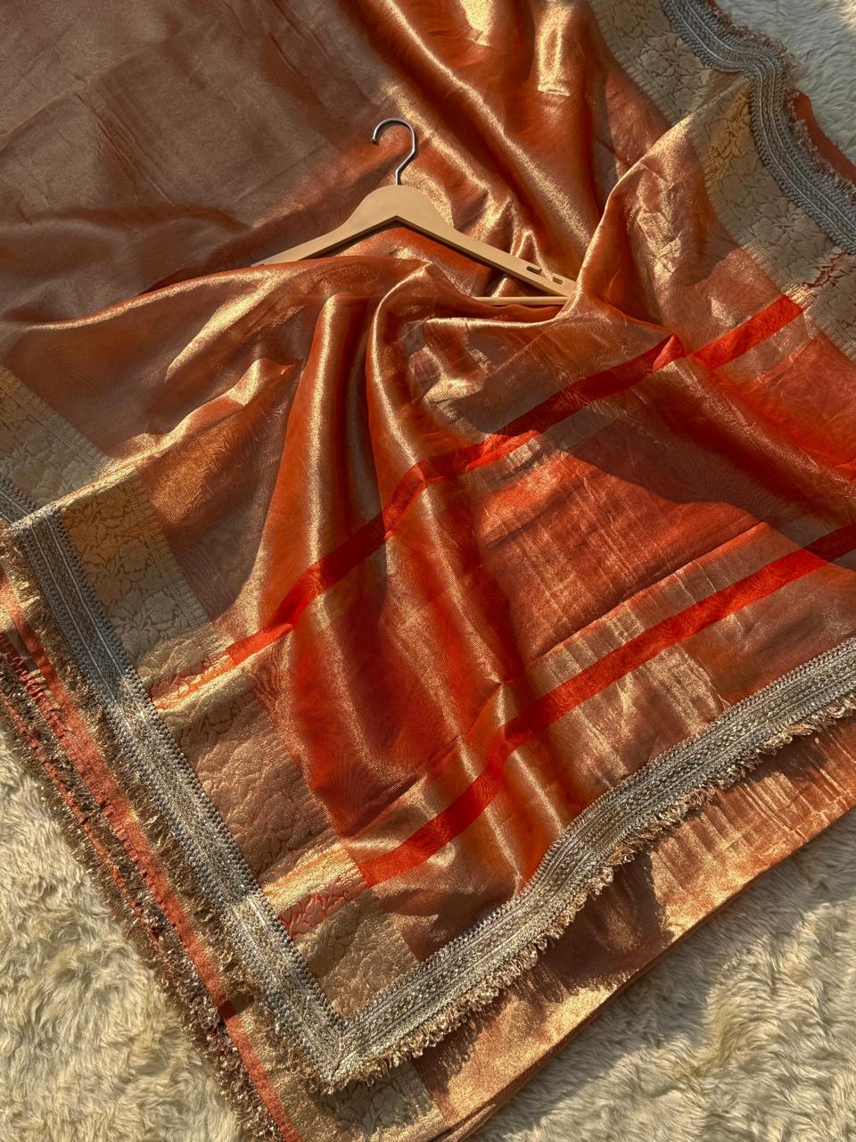 Maharani Orange Tissue Banarasi Saree with Floral Zari Weaving