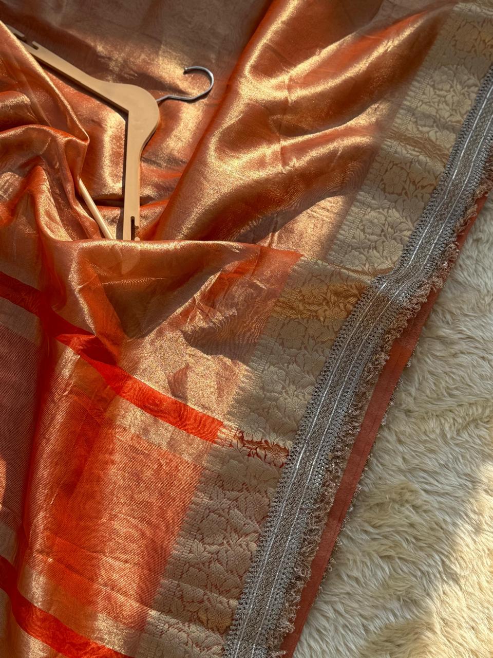 Maharani Orange Tissue Banarasi Saree with Floral Zari Weaving