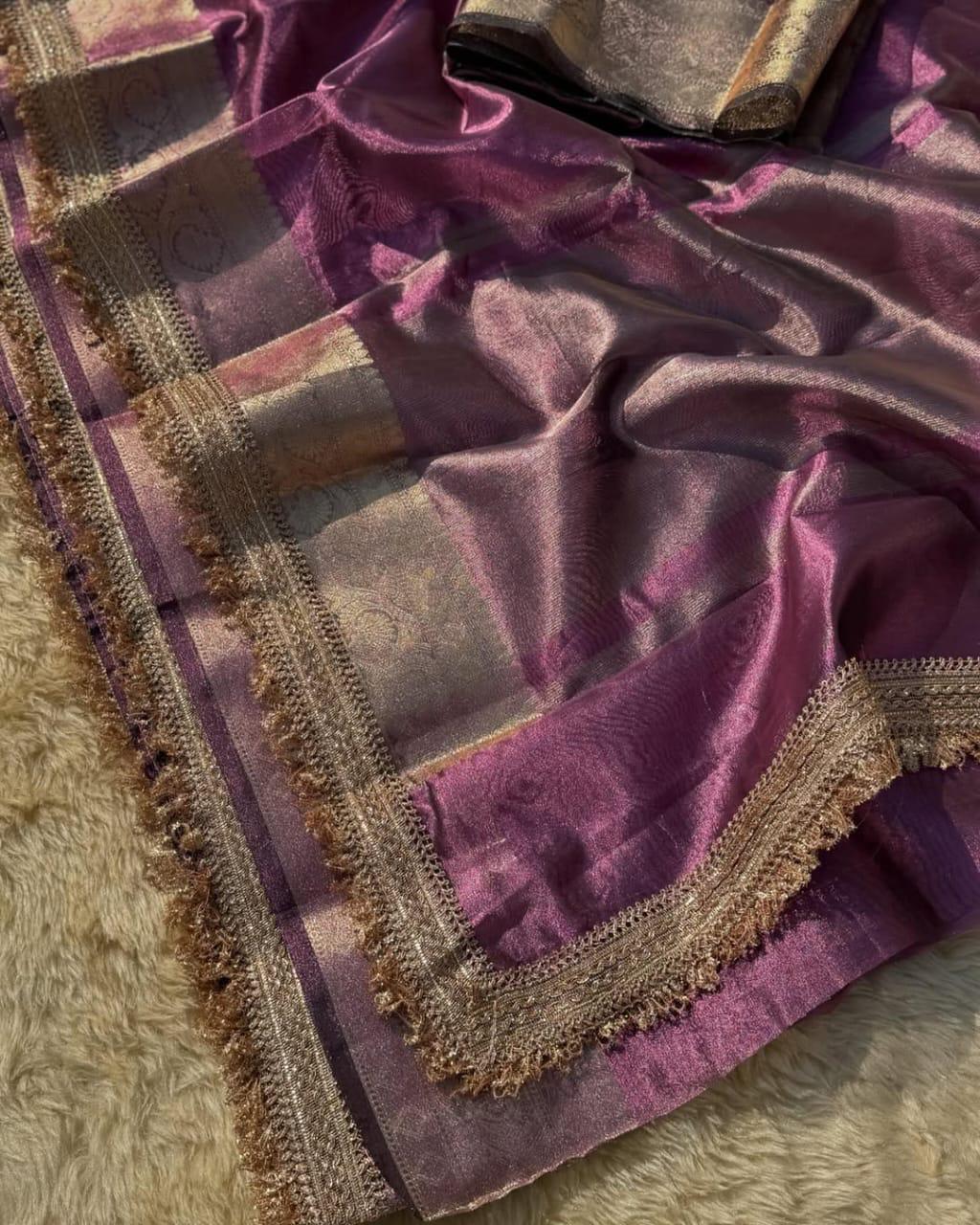 Maharani Purple Tissue Banarasi Saree with Elegant Zari Border