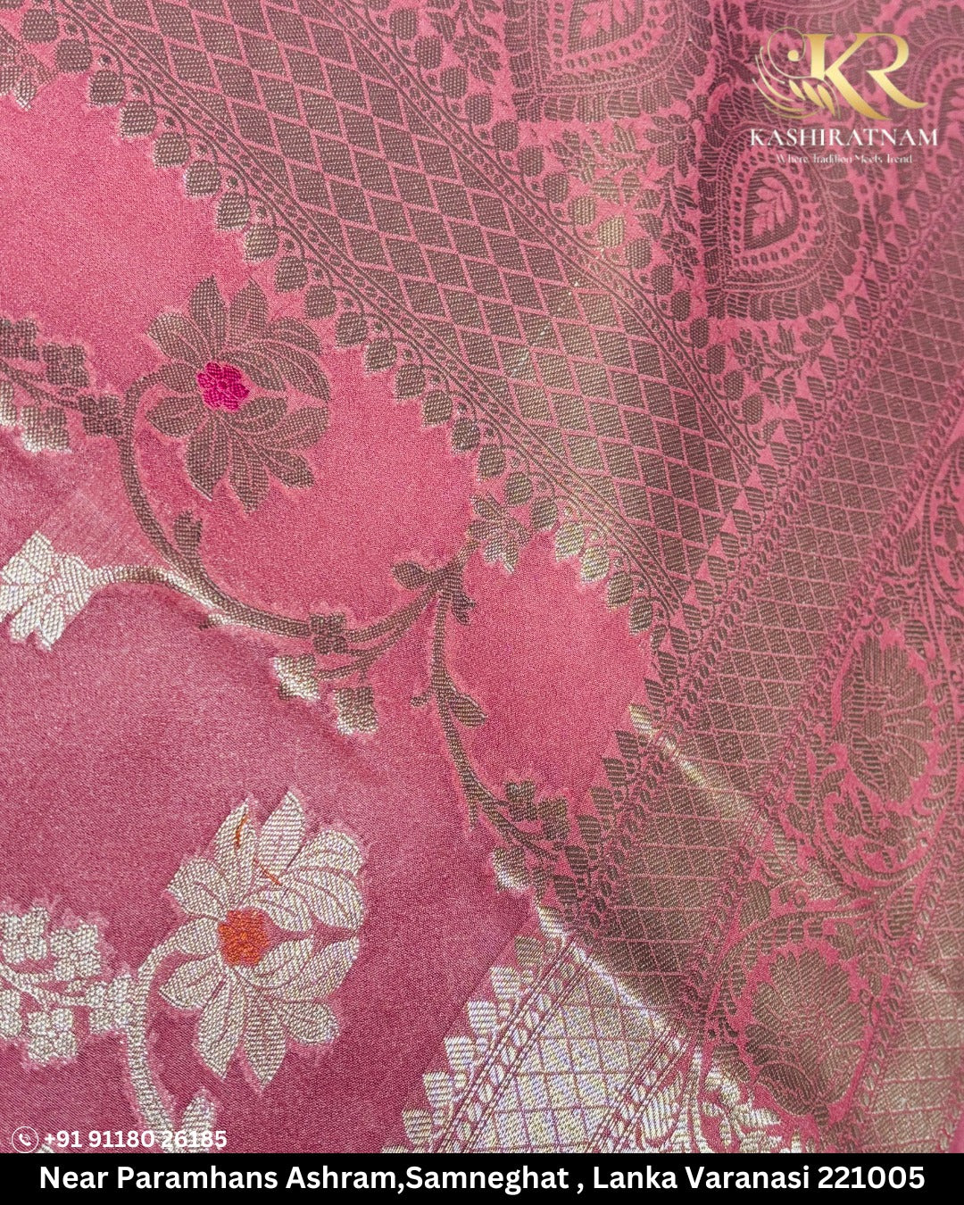 Majestic Pink Banarasi Katan Silk Saree with Golden Zari Border