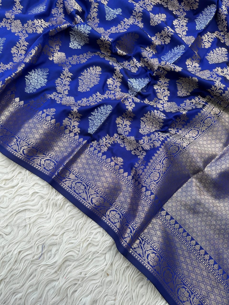Royal Blue Handwoven Banarasi Katan Silk Saree with Silver Zari Buta