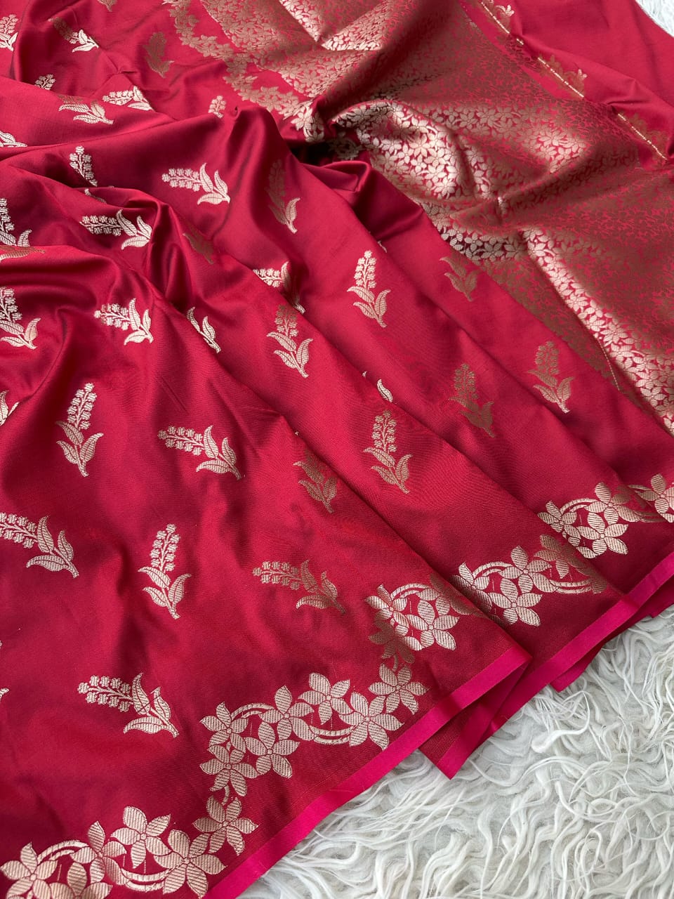 Maroon Banarasi Katan Silk Saree with Golden Zari Floral Weaving