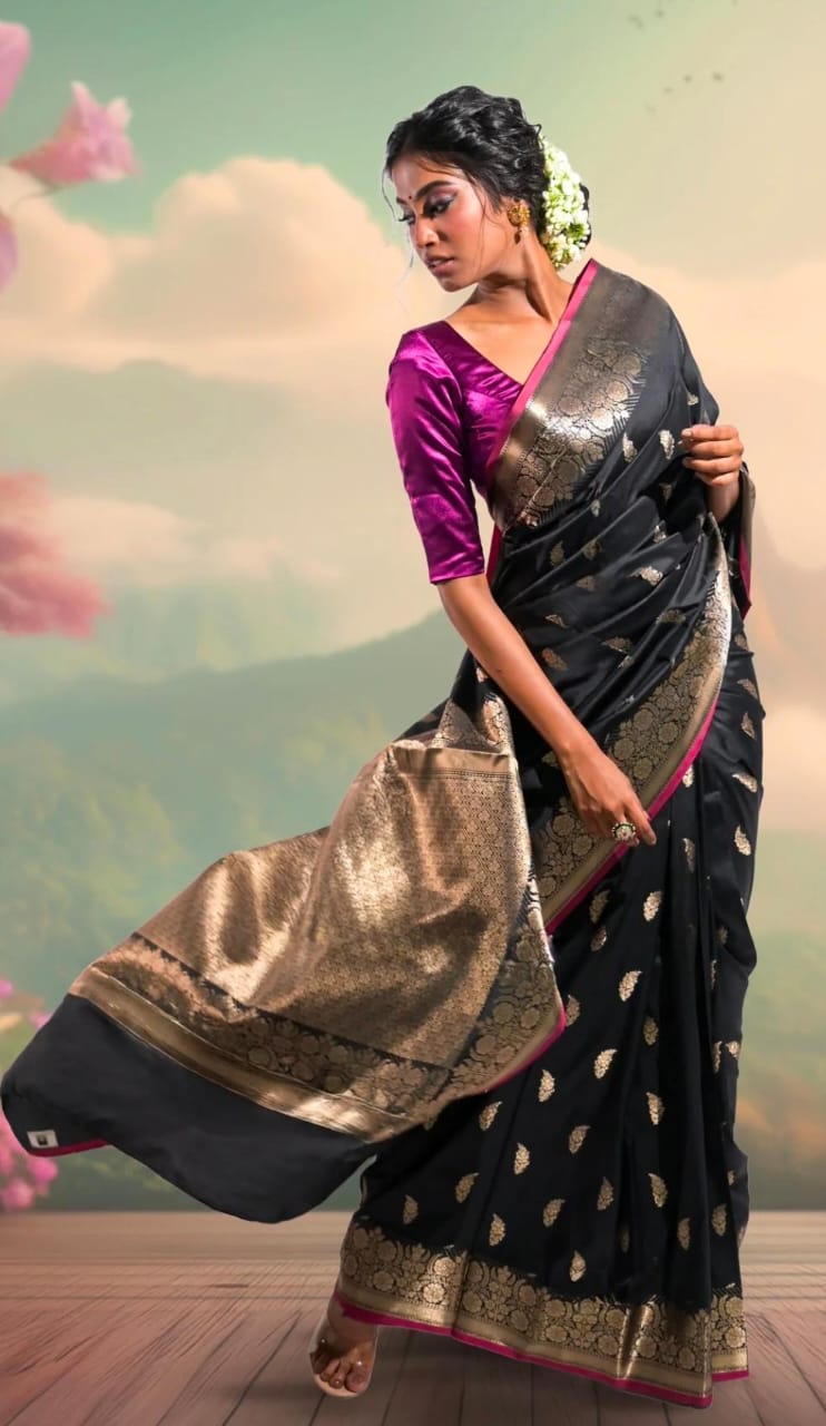 Black Banarasi Katan Silk Saree with Golden Zari and Pink Border