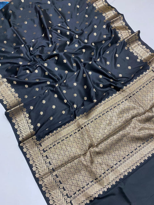 Elegant Black Banarasi Silk Saree with Golden Boota and Zari Border